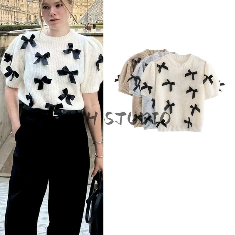 Spring New Women's Clothing Sweet Puff Sleeve Top Casual Easiest for Match Round Neck Bowknot Short Sleeve Knitwear