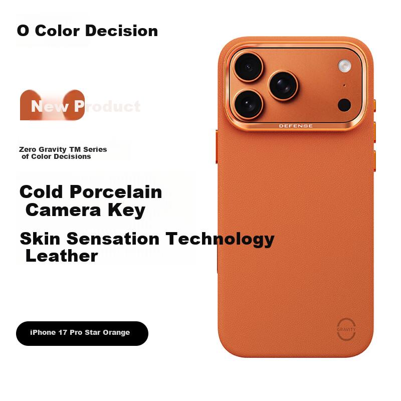 DEFENSE Ceramic Camera Button Leather Case for 17 Pro, Slim Anti-drop iPhone 17 Pro with Magnetic Absorption, Sweat-proof Full Coverage - Star Orange