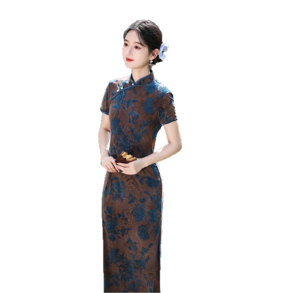 1011 Chinese style summer and autumn new improved flocked cheongsam new Chinese style long wedding ceremony performance generation