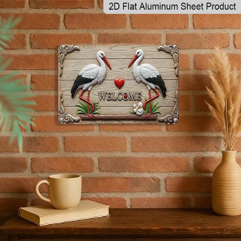 2D Flat 1pc Welcome Sign with Storks and Heart | Manufactured Aluminium, Vintage Style, Wall Hanging, Multipurpose Decor for Christmas, Halloween
