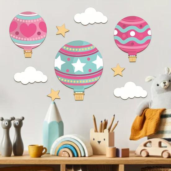 9 Pcs Hot Air Balloons Wall Art Star Cloud Balloons Nursery Wall Decor Boho Wooden Wall Sculpture for Kids Bedroom Playroom