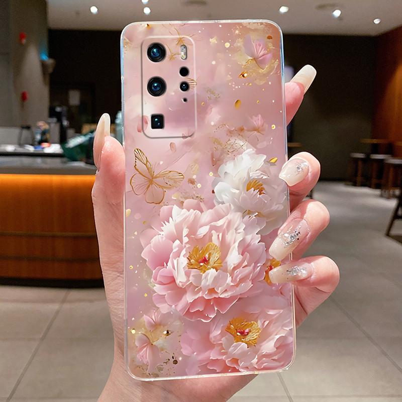 

For Huawei P40 Pro Case Huawei ELS-NX9 ELS-N04 ANA-NX9 ANA-LX4 Phone Case Luxury Fashion Butterfly Flowers Clear TPU Soft Cover Huawei P40