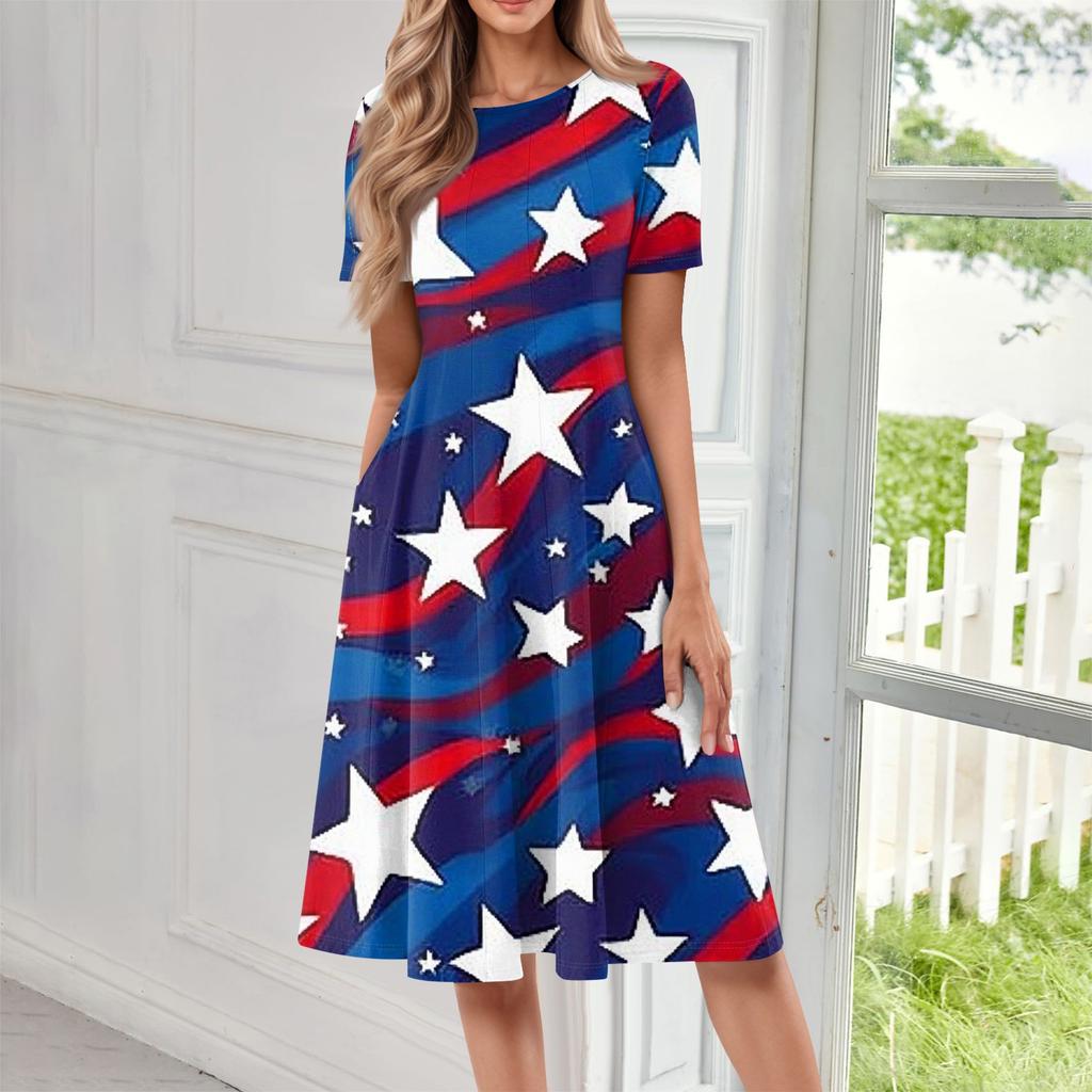 Women's Casual Fashion Round Neck Short Sleeve Print Midi Dress