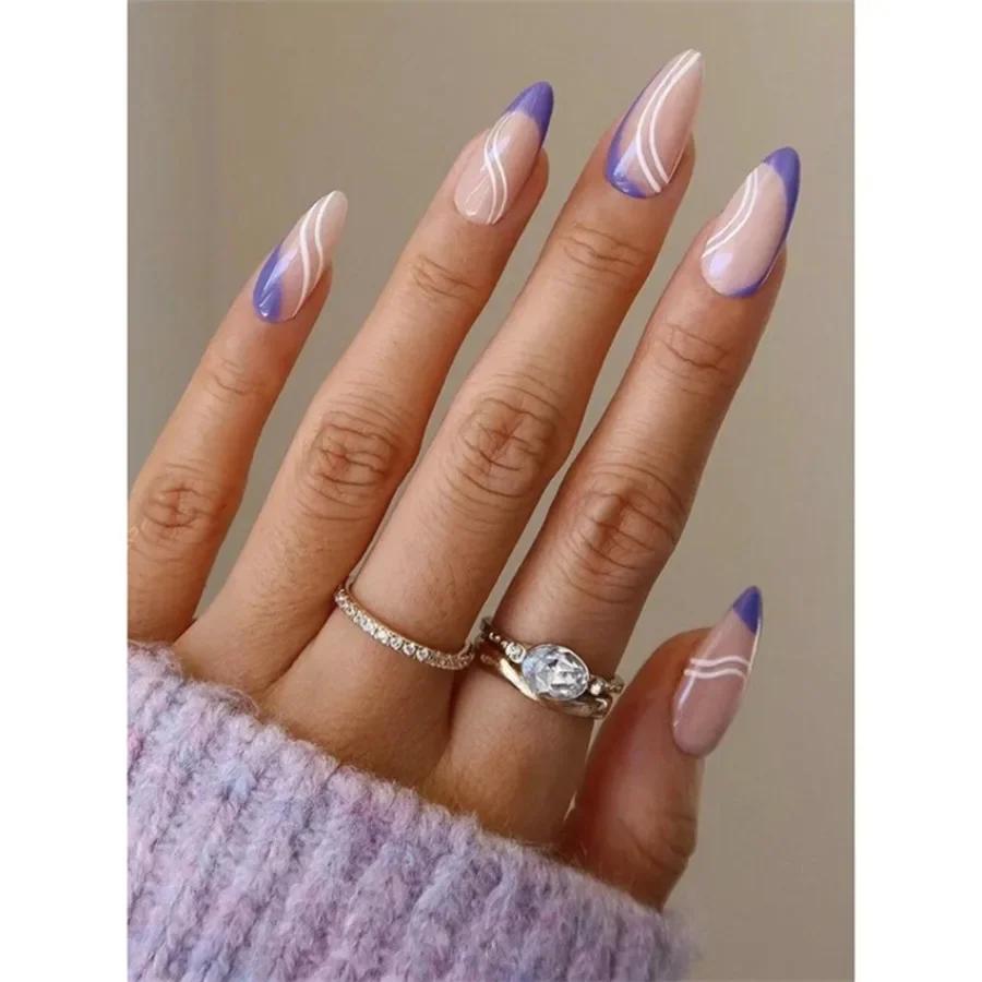 24Pcs Almond Long French Fake Nails Pointed Glossy White Edge Artificial Acrylic Press On Nails Removable Nail Art Tips