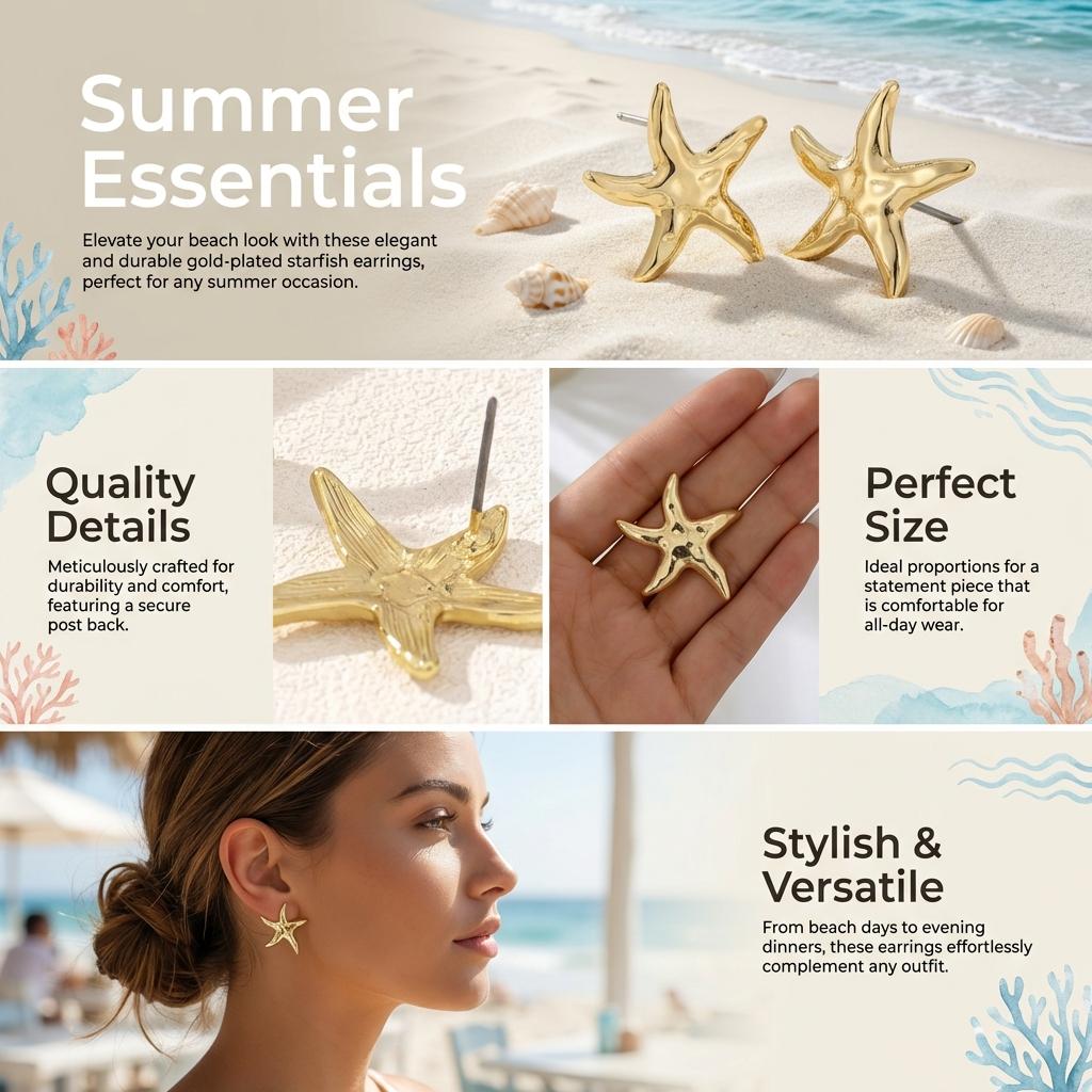 Vintage Textured Starfish Stud Earrings for Women Bohemia Chunky Gold Color Metal Earring Summer Beach Vacation Jewelry Gifts