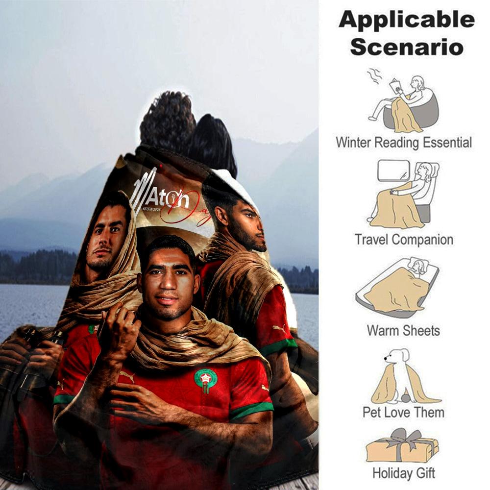 Morocco Football Player Print Flannel Throw Blanket, Sports Fan Soft Warm Blanket for Sofa Bed Couch Home Use