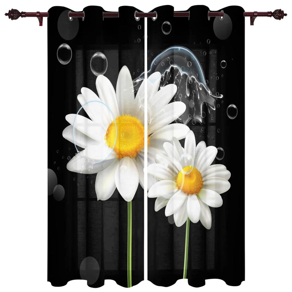 Bedroom Kitchen Curtain White Daisy Flower Waterdrops Window Black Curtains Curtains for Living Room Decorative Items Cortinas