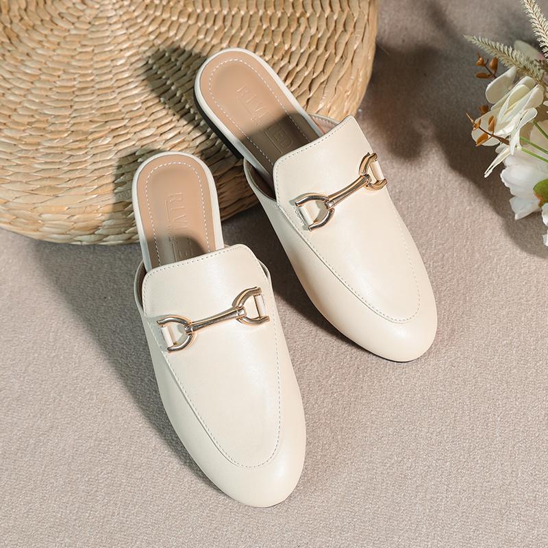 

мода 2024 весна-лето женская верхняя одежда тапочки туфли на плоской подошве женские повседневные мюли стильные металлические украшения большой размер 41-44 44 слоновая кость