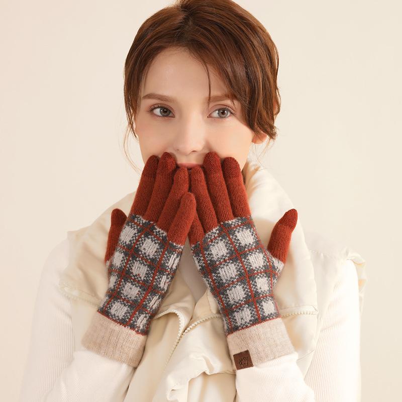 Adult Wool Winter Gloves for Women Japanese and Korean Plaid Outdoor Warm and Cold Proof Plus Velvet Knitted Cycling Full Finger Gloves