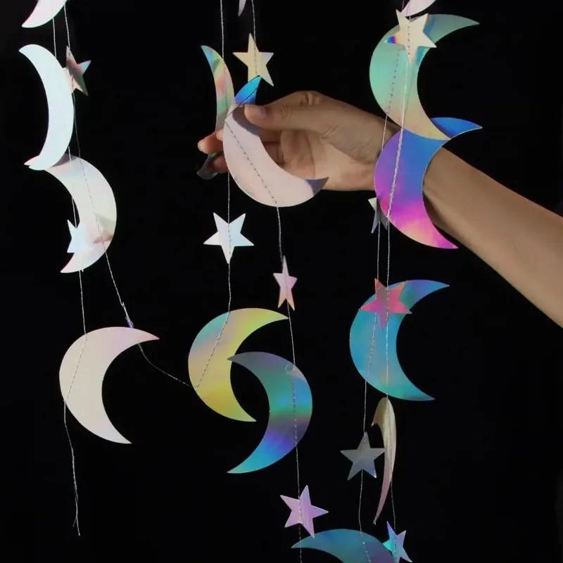 Girls Boys Baby Shower Laser Silver Star Paper Garland Banner Christmas Wedding Birthday Theme Holiday Party Hanging Decoration