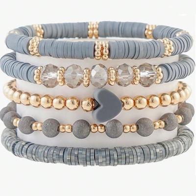 5pcs/Set Elegant Gray Soft Ceramic Heart Bead Multi-Layer Bracelet Set, Artificial Crystal Elastic Bracelet, Suitable for Ladies Daily Wear, Dating