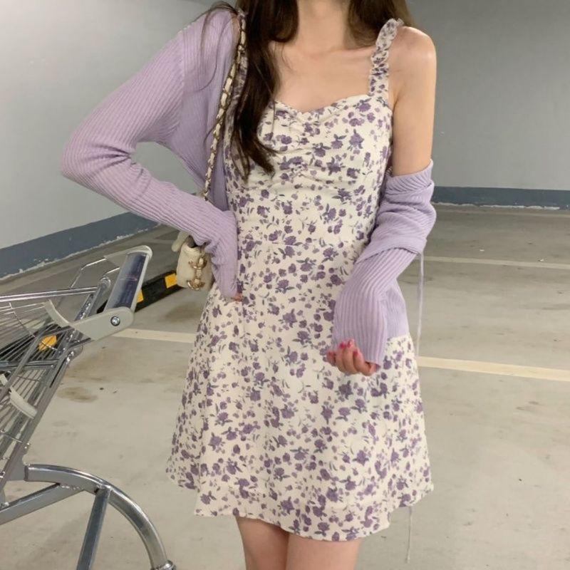 

Floral First Date Wind Sling Dress Suit Female Summer New Easiest for Match Thin Type Sunscreen Knitting Cardigan Two-Piece Set Violet 2XL(62.50 kg-70.00 kg)
