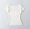 Pocket Square Neck Short Sleeve T-Shirt Women's Summer New American Spice Girl Solid Color Fungus Edge Slim Bottom Top
