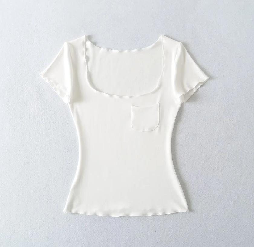 Pocket Square Neck Short Sleeve T-Shirt Women's Summer New American Spice Girl Solid Color Fungus Edge Slim Bottom Top