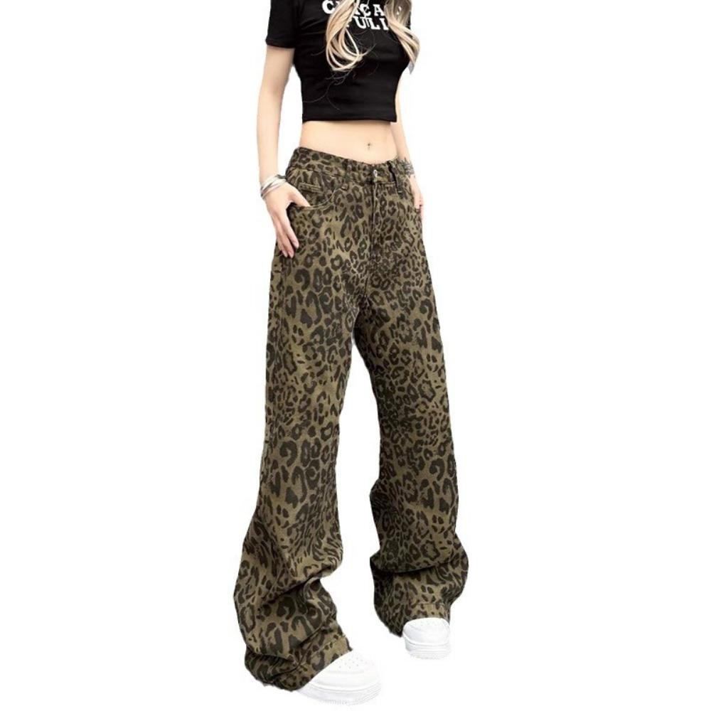 Autumn New High Street American Retro Design Leopard Print Wide Leg Jeans Straight Loose Casual Pants