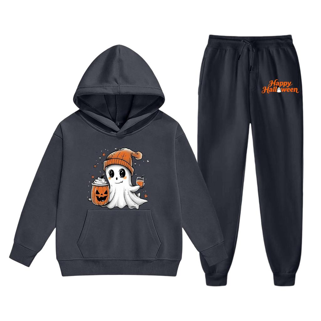 Kids Halloween Hoodie and Pants Set Ghost Print Pullover Sweatshirt with Hooded Top and Elastic Waist Bottoms for Boys and Girls