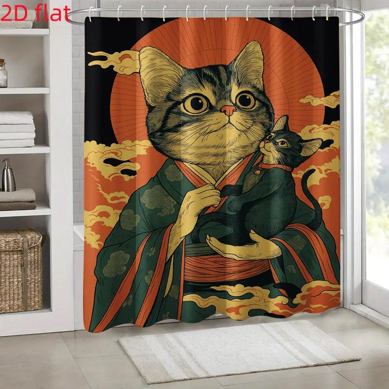 

Cat Theme Kimono Print Shower Curtain With Hooks Waterproof Fabric For Bathroom Window Wall Decor Romantic Japanese Design W60H190(CM)-1 Pcs