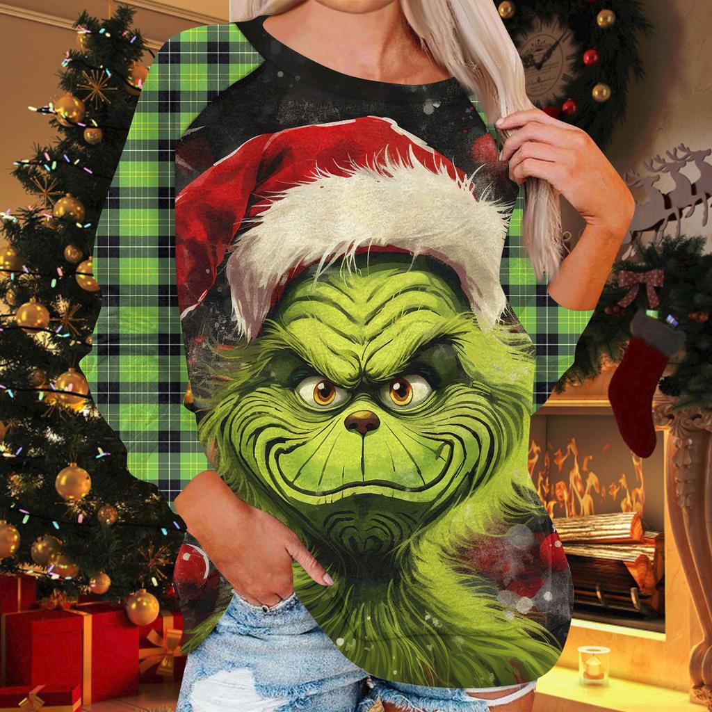 Damenmode, lässig, Rundhalsausschnitt, Langarm, Weihnachtsdruck, Raglanärmel, Sweatshirt-Oberteil