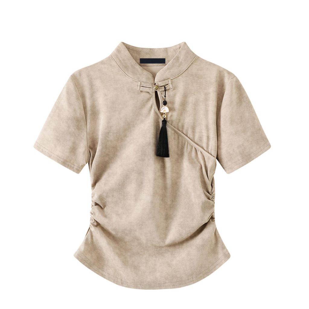 New Chinese Style Disc Buckle Smudged Short-sleeved T-shirt Women's Summer New Design Sense Chic Small Short Top