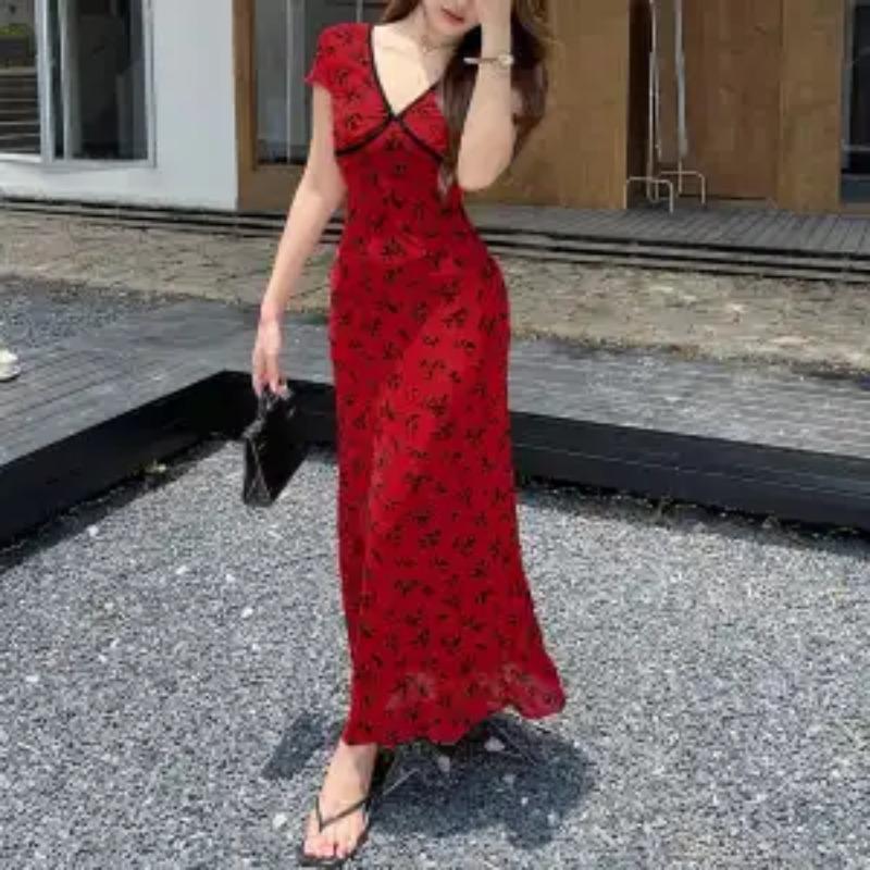 Women's Red & Black Floral Print V-neck Short Sleeve Maxi Dress Slim Fit Lace Casual Dress