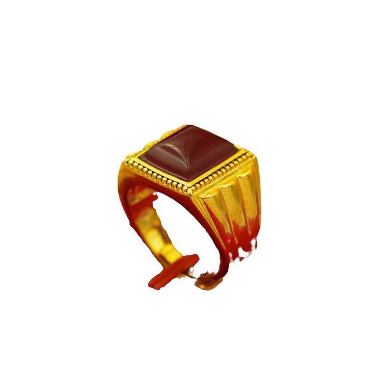 Men's Gold-Plated Brass Ring with Obsidian Sand and Agate