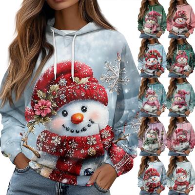 Damen Sweatshirt mit Weihnachtsmuster, langärmelig, lockerer Kordelzug, Kapuzenpullover