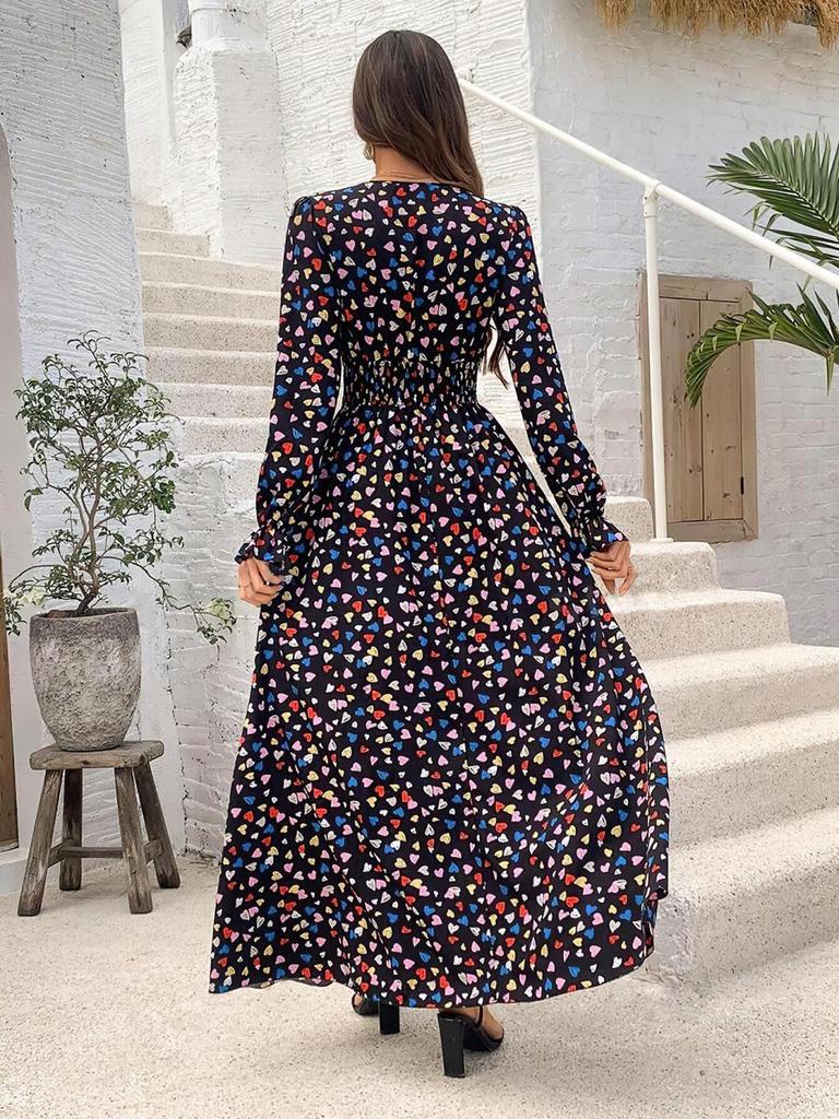 Autumn 2024 Women's Print V-Neck Long Sleeve Swing Dress