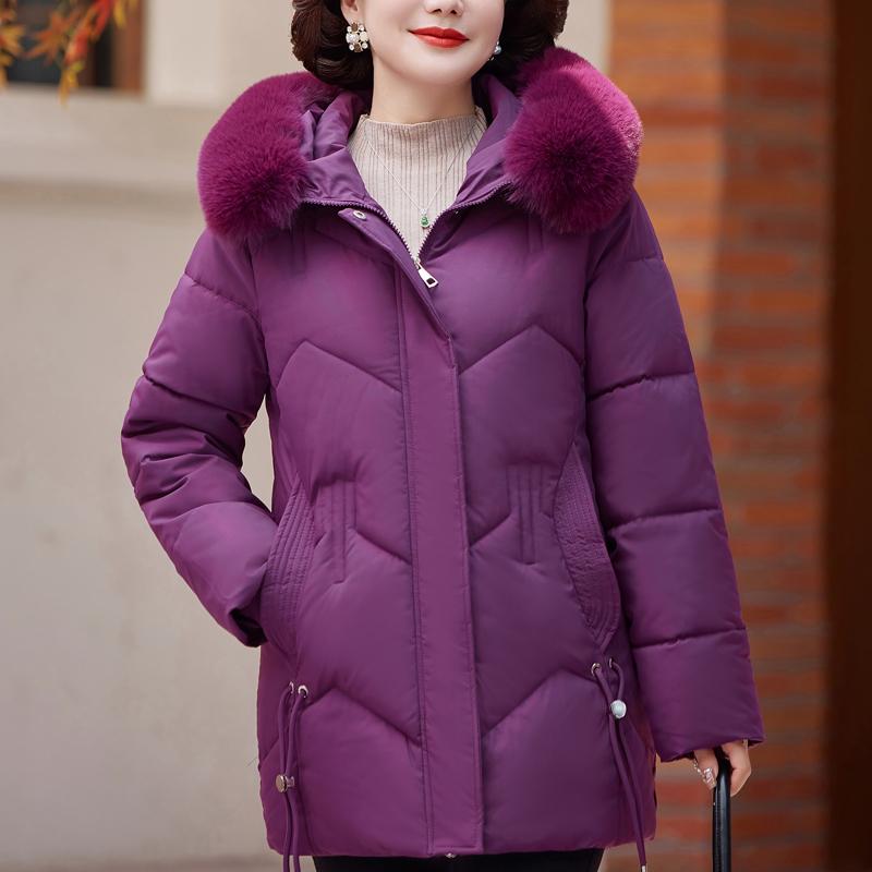 

Женские короткие парки среднего возраста, зимнее пальто с капюшоном, толстое, теплое, элегантное, с воротником из искусственного меха, свободные куртки для дам 2XL фиолетовый