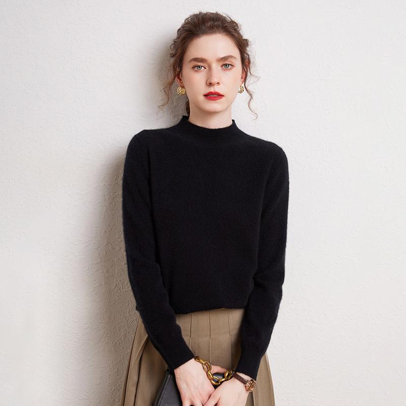 Women's Pure Cashmere Semi-High Neck Sweater - Autumn/Winter High-Quality Knit Base Layer