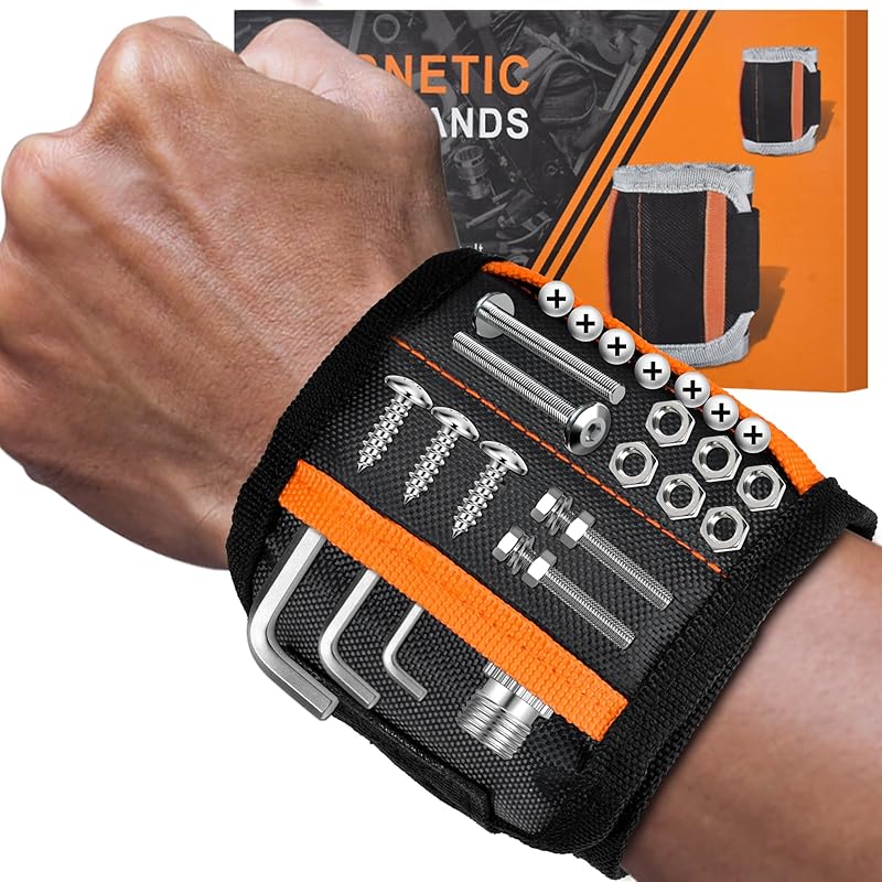 Tmacker Stocking Stuffers Magnetic Wristband for Tools Holding Screws Nail Drill Bits-Adjustable Velcro Strap Breathable for Men Dad Husband Father Black with Orange