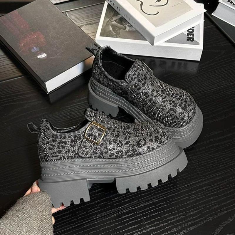 2025 Women's Platform Loafer Shoes Leopard Print Rhinestone Korean Style Spring and Autumn Thick Sole Height Increase Shoes
