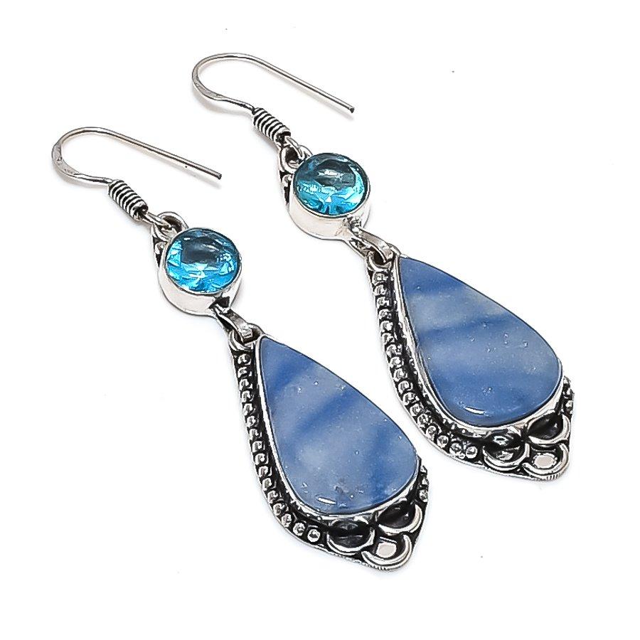 Natural Lazurite, Topaz Gemstone 925 Sterling Silver Jewelry Earring 2.56" D3D11