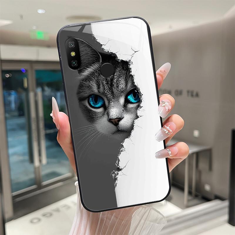 Beautiful Flower Cute Cartoon Cats Case For Xiaomi Mi A2 / Mi A2 Lite Tempered Glass Phone Case Protective Back Cover Hard Shell
