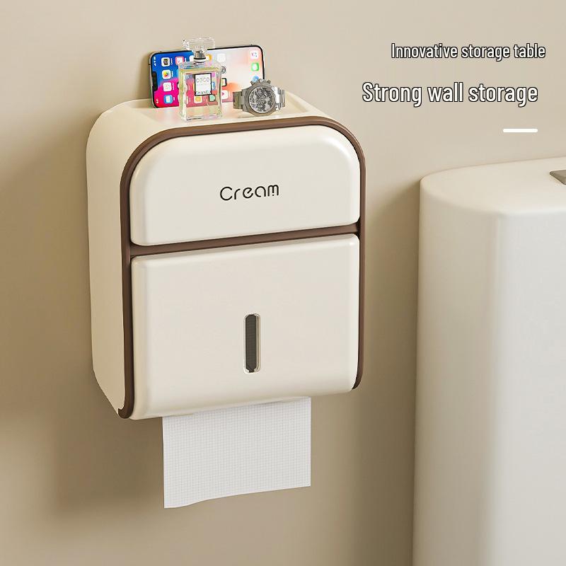 Wall-Mounted Waterproof Toilet Tissue Box, Punch-Free, High-End Cream Style Hand Towel Holder