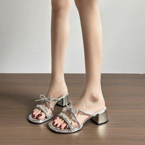 Silver Sandals Women 2025 New Summer Bow French Cool Slippers Wear Thick High Heels Fairy Style Slippers