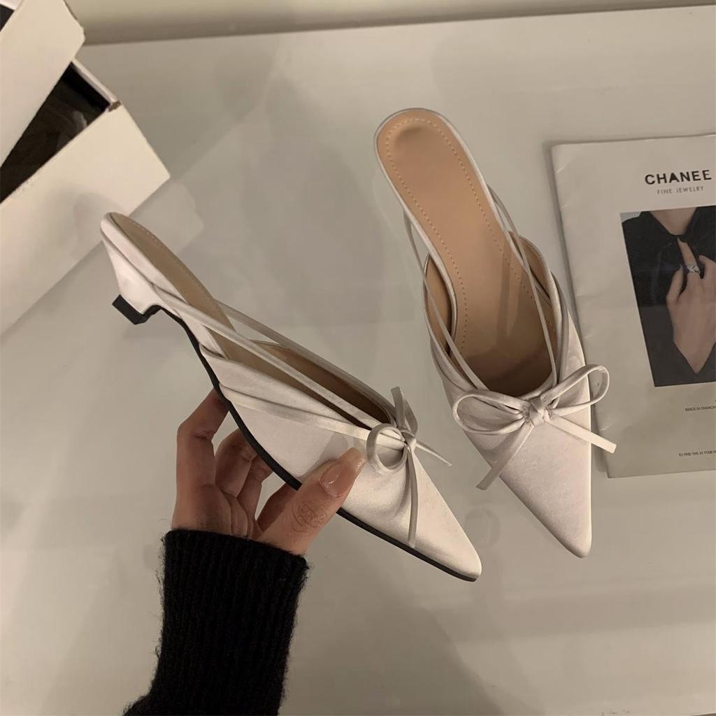 Dicker Absatz Schleife Tasche Kopf Halbschuhe Feenschuhe Satin Temperament halbe Ablage Einzelschuhe