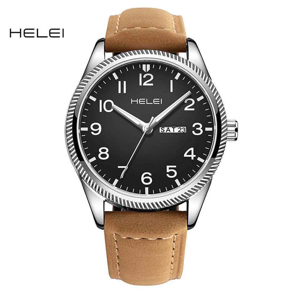 HELEI Sport Men Watch Top Brand Luxury Military Waterproof Male Clock Quartz Business Original Leather Wristwatch Gift 9007AL