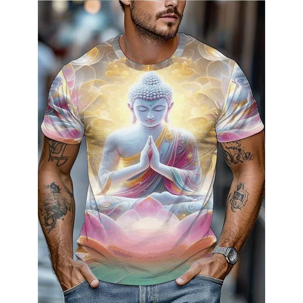 T-shirt da uomo con grafica Testa di Buddha Fiore Rosso Manica Corta Estiva Girocollo Religiosa Spirituale Casual Streetwear Tee Top