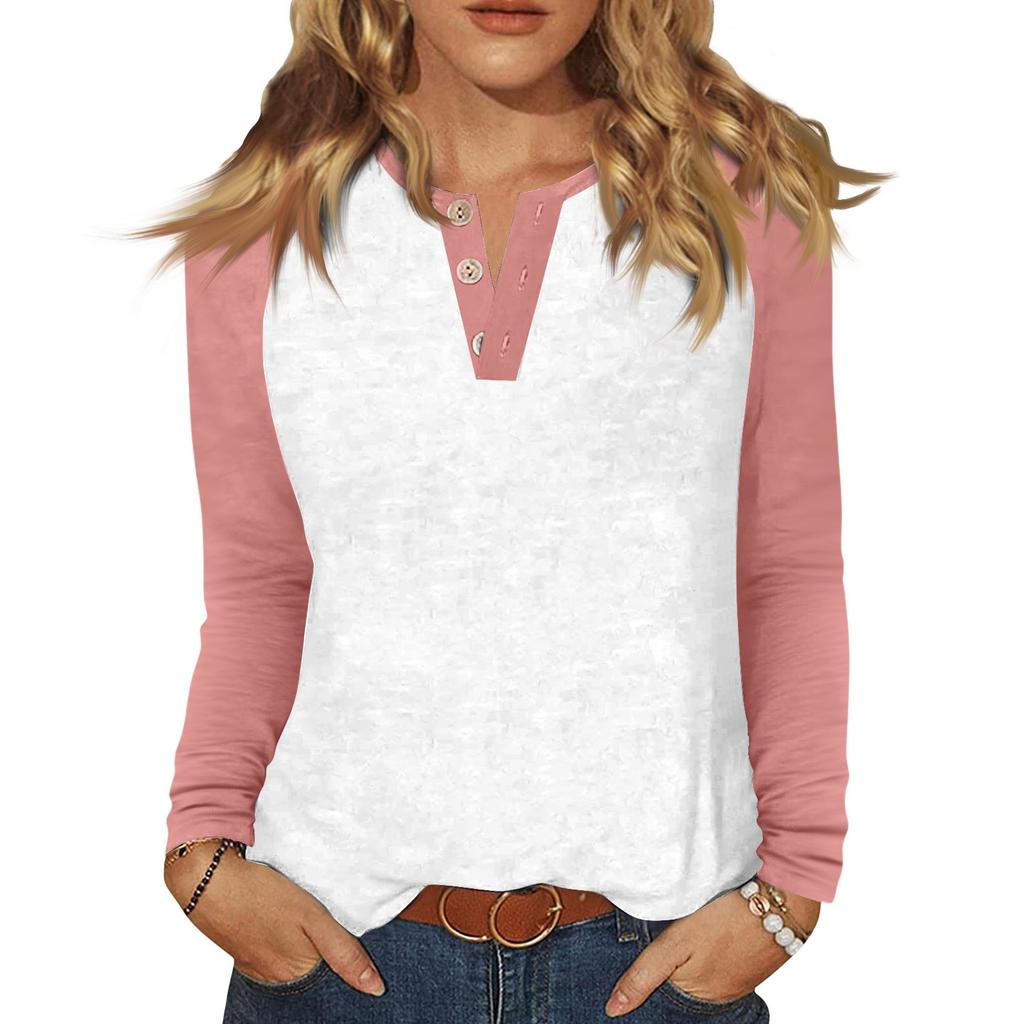Women's T Shirt Color Block Button Long Sleeve Daily Weekend Fashion Basic V- Neck Regular Top