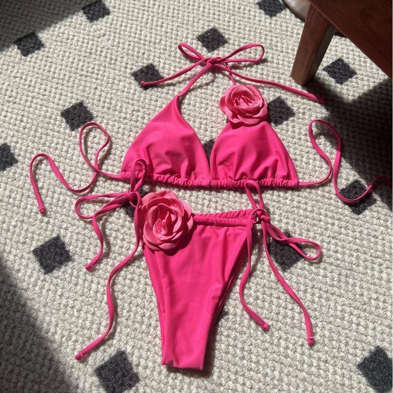 Solid Color Rose Drawstring Tie Split Two Piece Bikini Swimsuit For Women