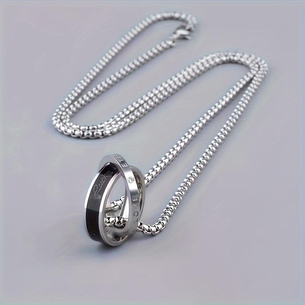 1pc Stainless Steel Double Ring Pendant Necklace, All-match Men's Trendy Hip-hop Simple Ring Pendant Necklace