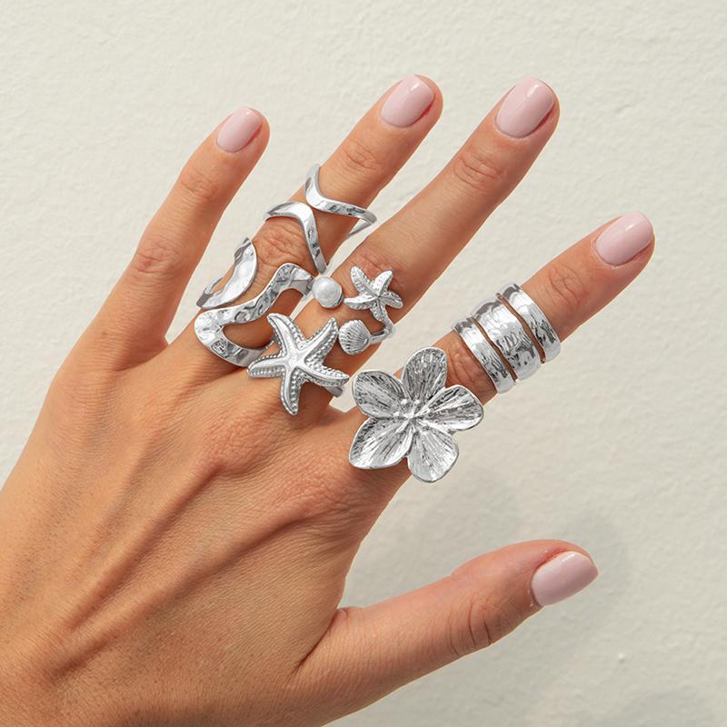 6Pcs Vintage Boho Ocean System Rings Set Shell Pearl Starfish Open Ring for Women Irregular Geometric Knuckle Ring Party Jewelry