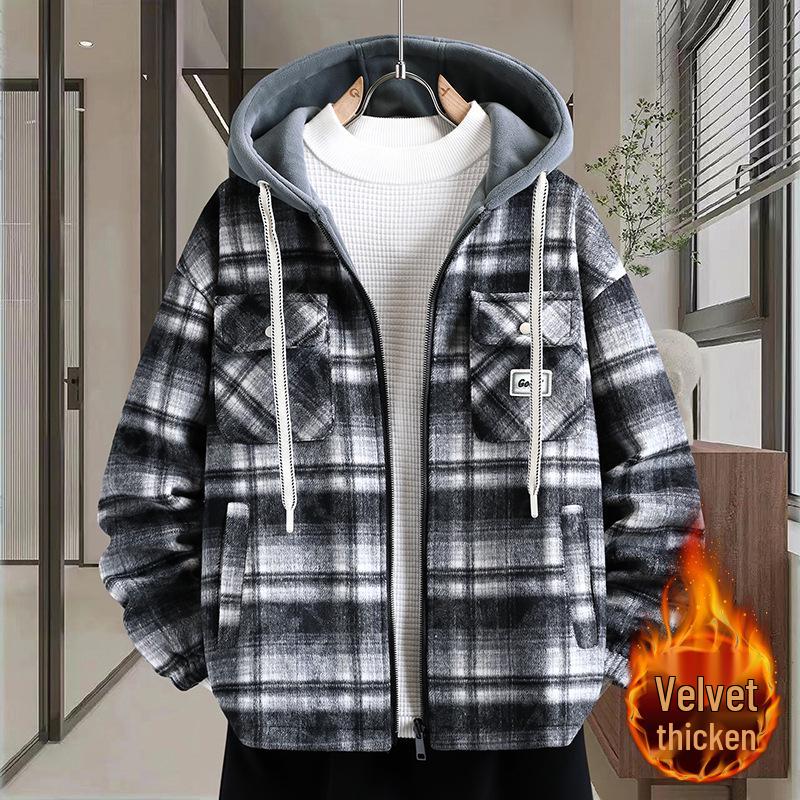 Men s Reversible Fleece-Lined Hooded Jacket - 2025 Autumn/Winter Youth Fashion XL белый/чёрный