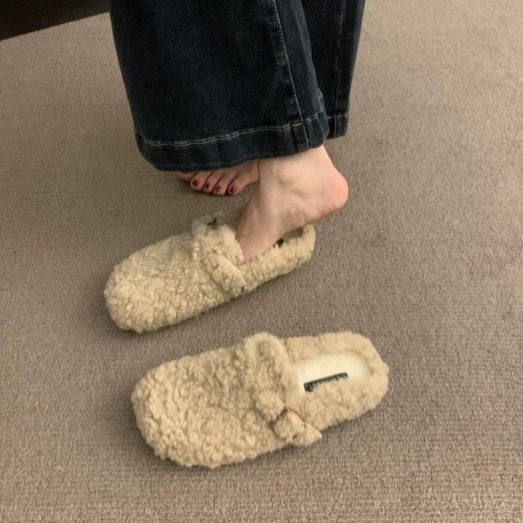 Fashion Fur Boston Clogs For Women Winter Fashion Cork Insole Warm Plush Slippers Shoes With Arch Support Cozy Home Furry Suede Mules