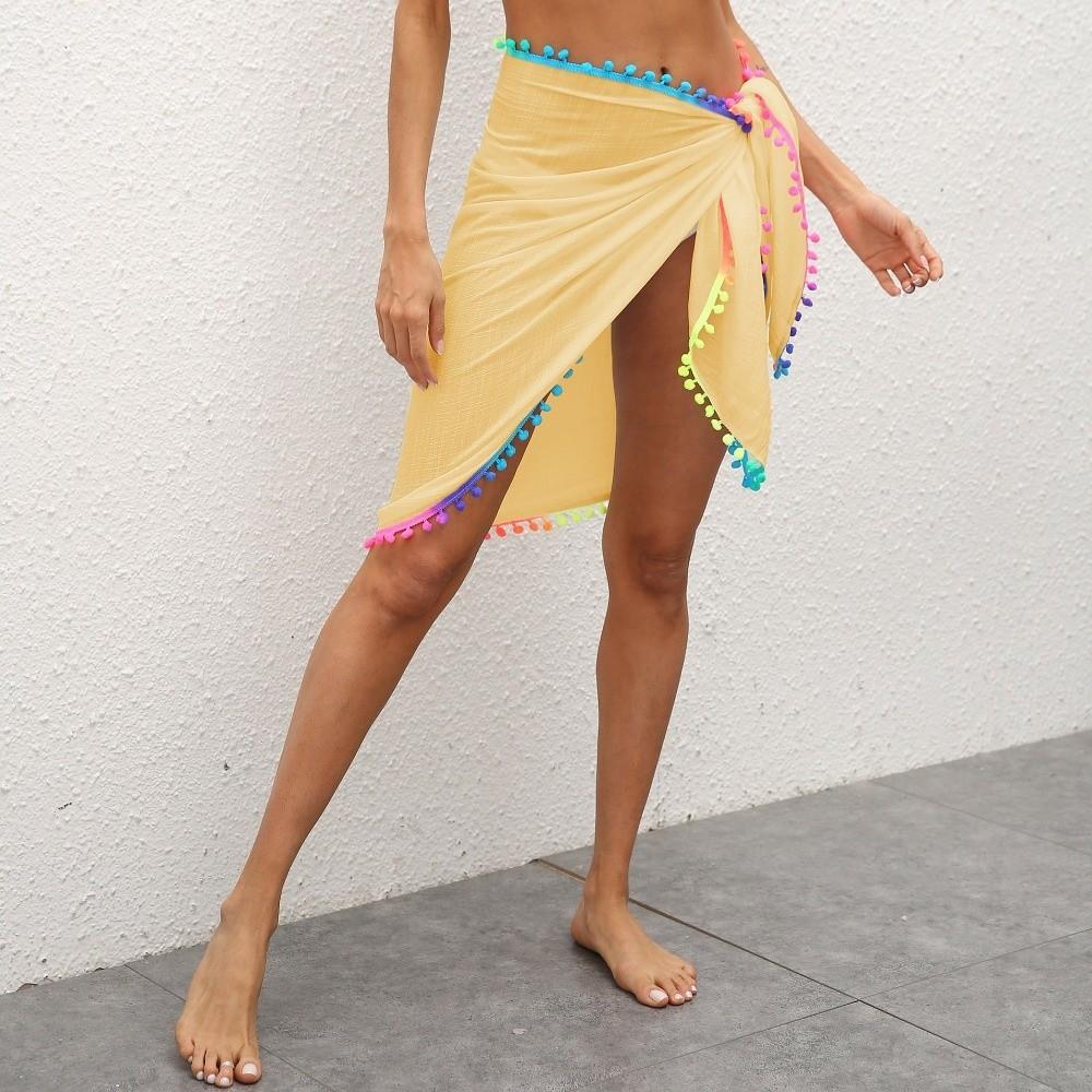 Colorful Pompom Tassel Skirt Bikini Cover Chiffon Swimsuit Sarong Sheer Mesh Skirt Beach Vacation