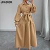Women's Fashion Spring Fall Solid Color Print Long Sleeve POLO Neck High Waist Casual Dresses