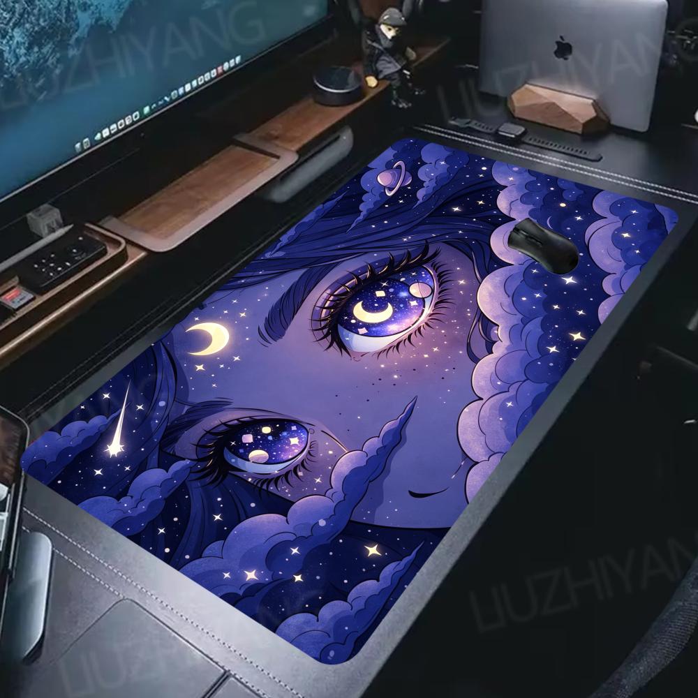 Dreamy Celestial Starry Anime Girl Mouse Pad Purple Night Moon Cloud Large Desk Mat Gaming Non-Slip Rubber Keyboard Decor Mat
