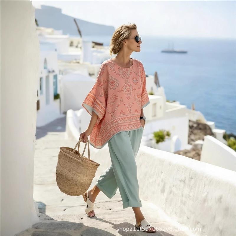 Clothing Bohemian Casual Suit 1116 Vintage Printed Wide Leg Pants Beach Vacation Ladies Two-piece Set