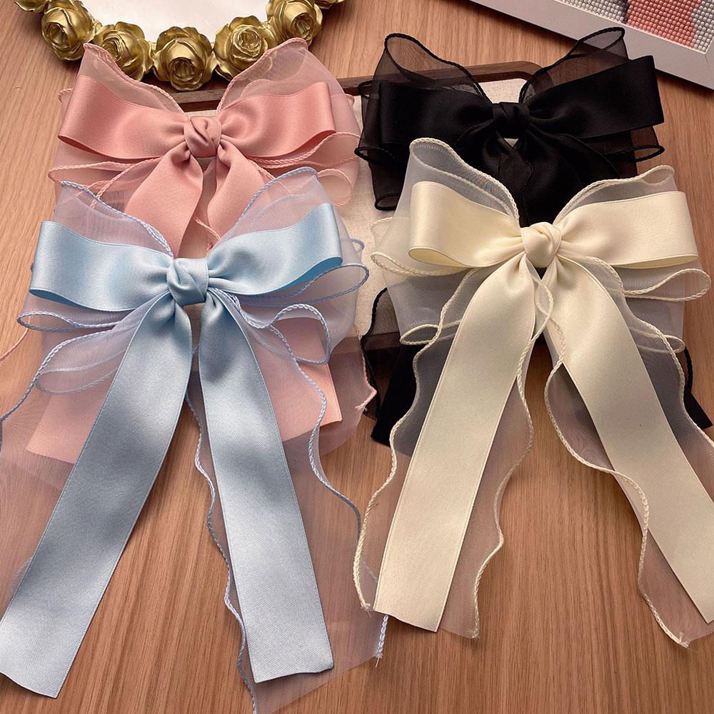 Women Elegant Long Ribbon Bow Hair Clips Fashion Korean Spring Hairpins Girls Sweet Chiffon Bowknot Hairgrip Headwear Ornament
