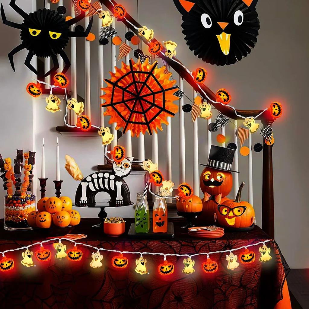 1pc 10/20 LED Halloween Single Layer Pumpkin & Ghost String Light Battery Powered For Home Garden Holiday Halloween Party Decor